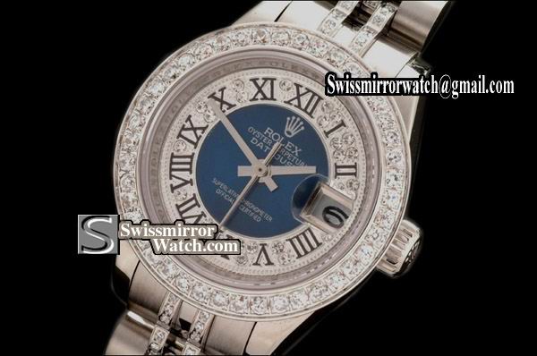 Ladeis Rolex Datejust SS Jub Diam Bez /Diam Blue Centre Roman Dial Eta 2671-2 Replica Watches