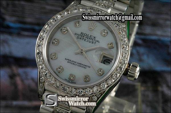 Ladeis Rolex Datejust SS MOP Dial Full Diamond Marker Swiss Eta 2671-2 Replica Watches