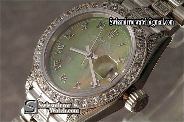 Ladeis Rolex Datejust SS MOP Green Dial Full Diamond Roman Marker Eta 2671-2 Replica Watches