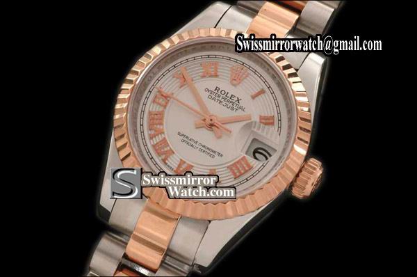 Ladeis Rolex Datejust SS/RG TT Pres/Fluted White/Roman Dial Swiss Eta 2671 Replica Watches