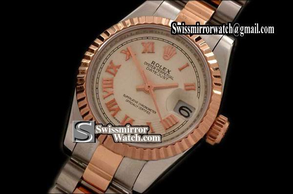 Ladeis Rolex Datejust SS/RG TT Pres/Fluted Cream/Roman Dial Swiss Eta 2671 Replica Watches
