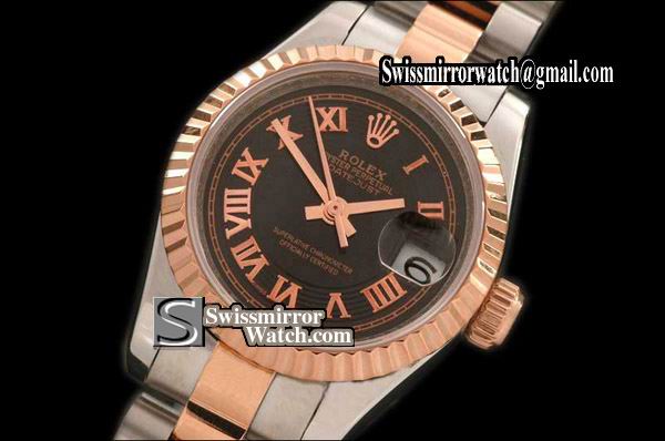 Ladeis Rolex Datejust SS/RG TT Pres/Fluted Black/Roman Dial Swiss Eta 2671 Replica Watches