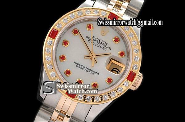 Ladeis Rolex Datejust TT Jub Diam Bez M-Wht/Red Ruby Swiss Eta 2671-2 Replica Watches