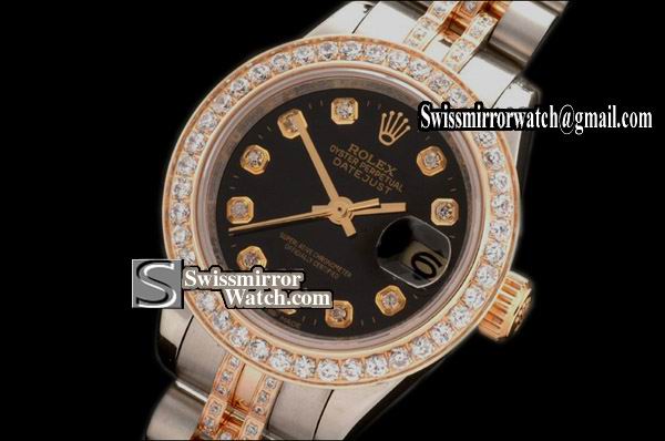 Ladeis Rolex Datejust TT Jub Diam Bez/Bracelet Black Dial Swiss Eta 2671-2 Replica Watches