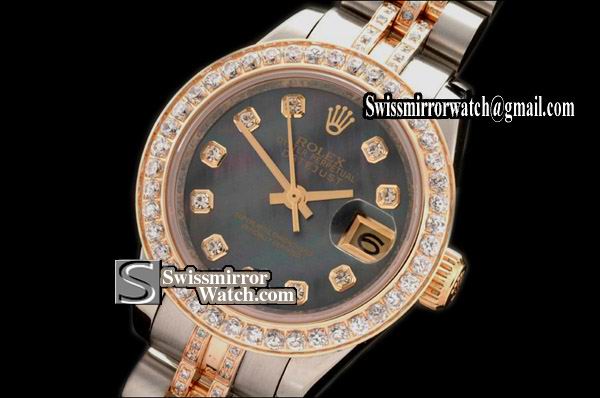 Ladeis Rolex Datejust TT Jub Diam Bez/Bracelet MOP Black Dial Swiss Eta 2671-2 Replica Watches