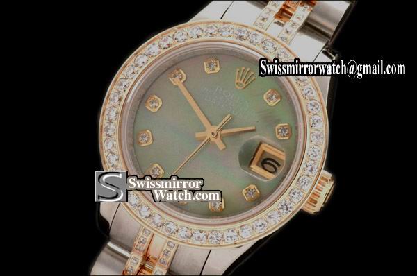 Ladeis Rolex Datejust TT Jub Diam Bez/Bracelet MOP E-Green Dial Swiss Eta 2671-2 Replica Watches