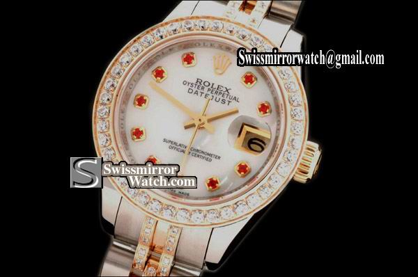 Ladeis Rolex Datejust TT Jub Diam Bez/Bracelet M-Wht/Red Ruby Dial Swiss Eta 2671-2 Replica Watches