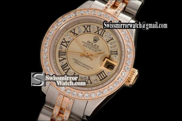 Ladeis Rolex Datejust TT Jub Diam Bez /Diam Gold Centre Roman Dial Eta 2671-2 Replica Watches