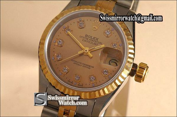 Ladeis Rolex Datejust 18K TT Gold Dial, Diamond Markers Swiss Eta 2688-2 Replica Watches
