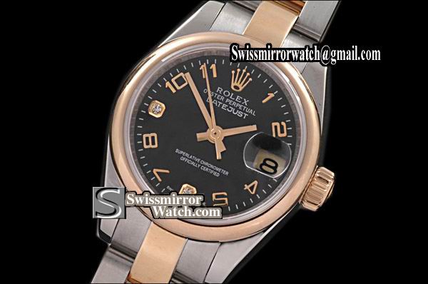 Ladeis Rolex Datejust TT Osyter Black Num/Diamond Swiss Eta 2671-2 Replica Watches
