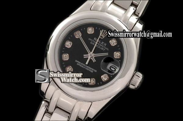 Ladeis Rolex Datejust SS Smooth Bez Black Diamonds Swiss Eta 2671-2 Replica Watches