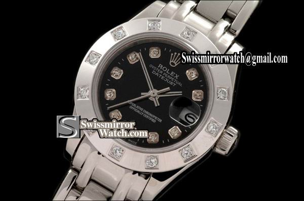 Ladeis Rolex Datejust SS 12 Diam Bez Black Diamonds Swiss Eta 2671-2 Replica Watches