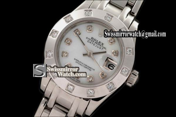 Ladeis Rolex Datejust SS 12 Diam Bez MOP White Diamonds Swiss Eta 2671-2 Replica Watches