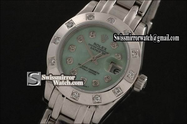 Ladeis Rolex Datejust SS 12 Diam Bez MOP L-Green Diamonds Swiss Eta 2671-2 Replica Watches