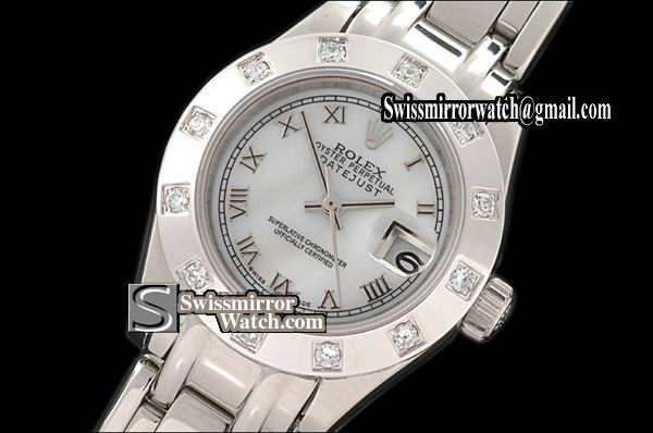 Ladeis Rolex Datejust SS 12 Diam Bez MOP White Roman Swiss Eta 2671-2 Replica Watches