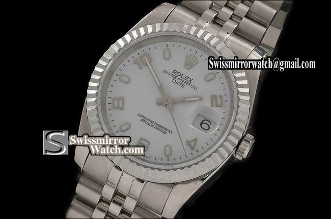 Mens Rolex Date SS White Dial Num/Stk Markers Eta 2836-2 Replica Watches