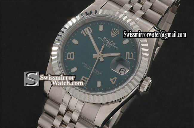 Mens Rolex Date SS Green Dial Num/Stk Markers Eta 2836-2 Replica Watches