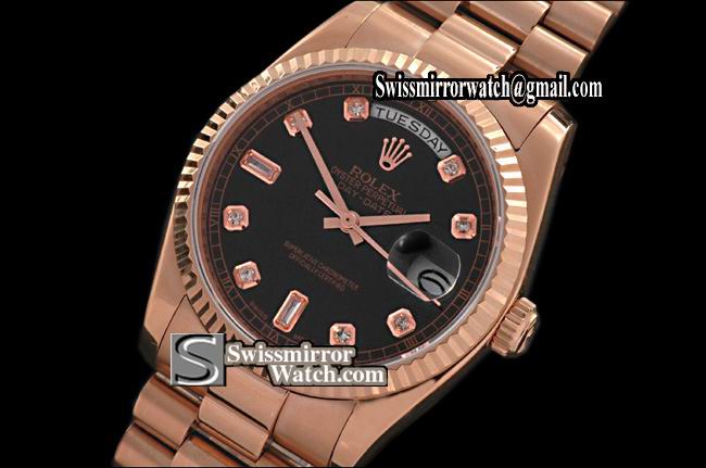 Rolex Day-Date RG President Black Dial Diamond Markers Swiss Eta 2836-2 Replica Watches