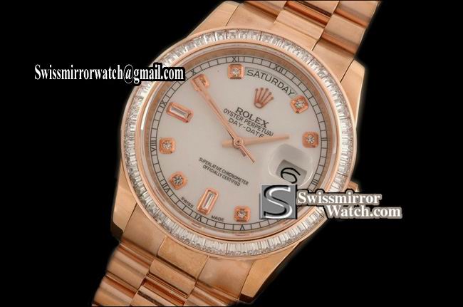 Rolex Day-Date RG Pres Sq Cut Bez White Diamond Dial Swiss Eta 2836-2 Replica Watches