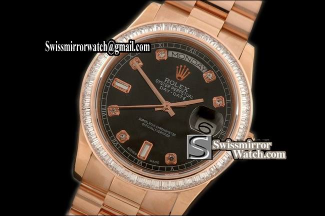 Rolex Day-Date RG Pres Sq Cut Bez Black Diamond Dial Swiss Eta 2836 Replica Watches