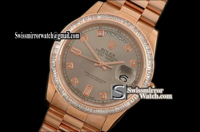 Rolex Day-Date RG Pres Sq Cut Bez Grey Diamond Dial Swiss Eta 2836 Replica Watches