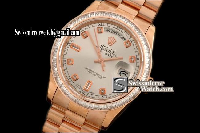 Rolex Day-Date RG Pres Sq Cut Bez Silver Diamond Dial Swiss Eta 2836 Replica Watches