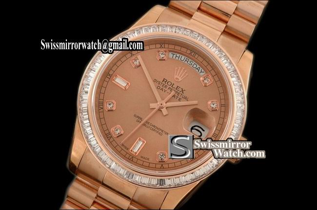 Rolex Day-Date RG Pres Sq Cut Bez R-Gold Diamond Dial Swiss Eta 2836 Replica Watches