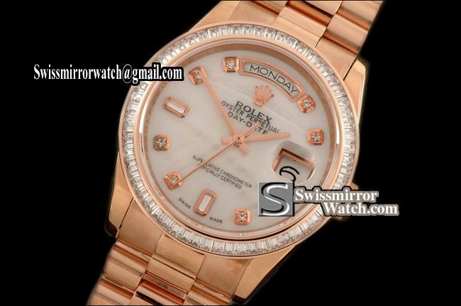 Rolex Day-Date RG Pres Sq Cut Bez M-Wht Diamond Dial Swiss Eta 2836 Replica Watches