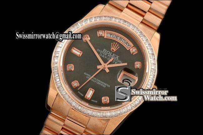 Rolex Day-Date RG Pres Sq Cut Bez M-Blk Diamond Dial Swiss Eta 2836 Replica Watches