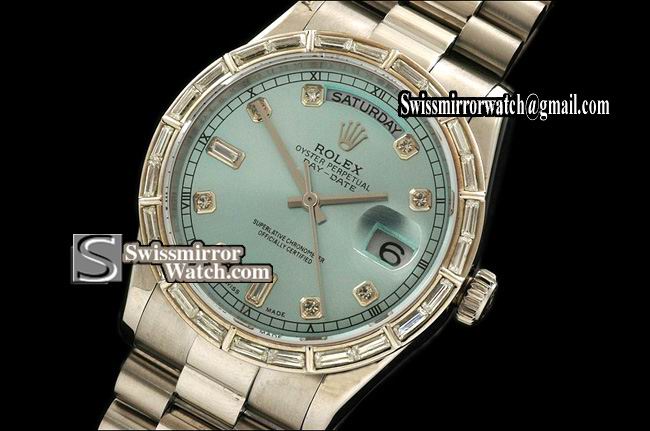 Rolex Day-Date SS Ice Blue Long Baguet Bezel Diamond Markers Eta 2836-2 Replica Watches
