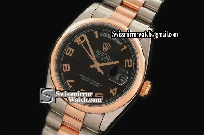 Rolex Day-Date SS/RG 14K Wrapped TT Pres 2007 Blk Num Swiss Eta 2836 Replica Watches