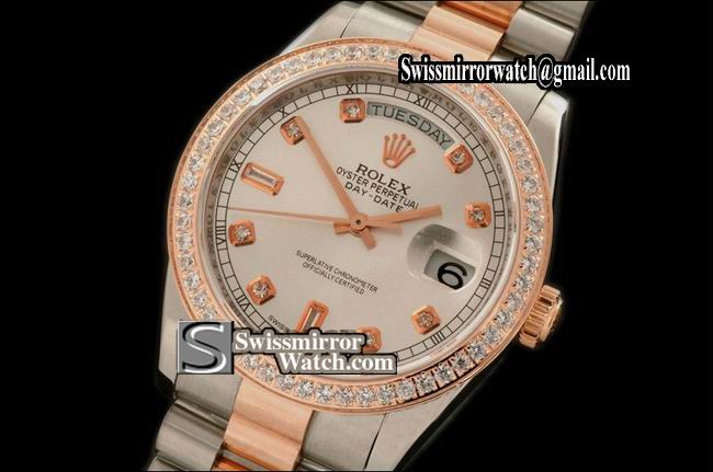 Rolex Day-Date SS/RG 14K Wrapped TT Pres White Diam Swiss Eta 2836 Replica Watches