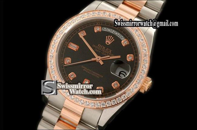 Rolex Day-Date SS/RG 14K Wrapped TT Pres Wht Diam Swiss Eta 2836 Replica Watches