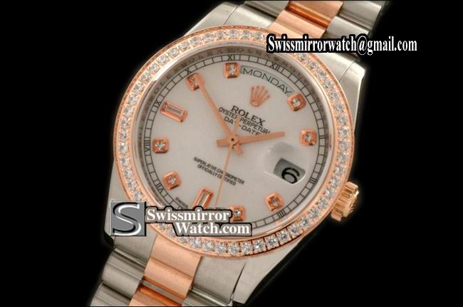 Rolex Day-Date SS/RG 14K Wrapped TT Pres P-White Diam Swiss Eta 2836 Replica Watches