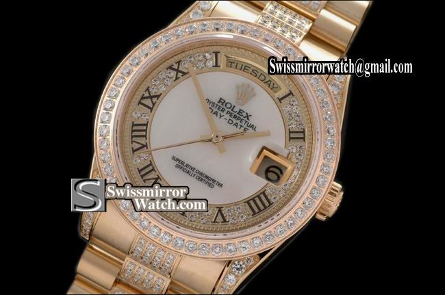 Rolex Day-Date FG Pres Diam Bez/Markers/Bracelet Diam Roman/MOP Wht Eta Replica Watches