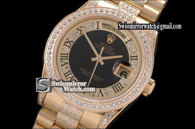 Rolex Day-Date FG Pres Diam Bez/Markers/Bracelet Diam Roman/MOP Blk Eta Replica Watches