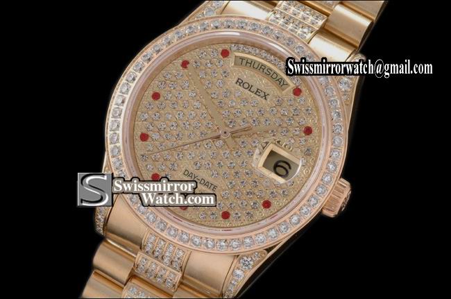 Rolex Day-Date FG Pres Diam Bez/Markers/Bracelet Full Diam Red Ruby Eta Replica Watches
