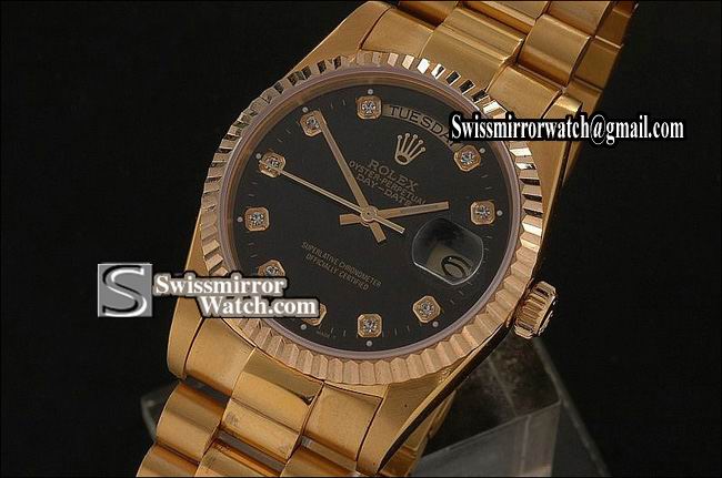 Rolex Day-Date Full Gold Black Dial Diamond Markers Eta 2836-2 Replica Watches