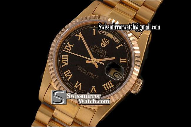 Rolex Day-Date Full Gold Black Dial Roman Markers Eta 2836-2 Replica Watches