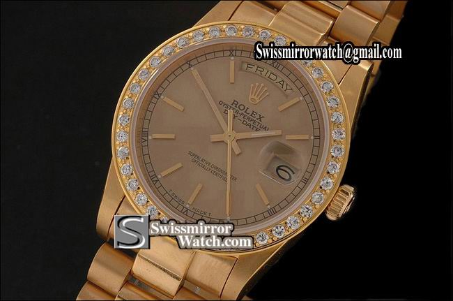 Rolex Day-Date Full Gold Gold Dial Diamond Bez/Stk Markers 2836-2 Replica Watches