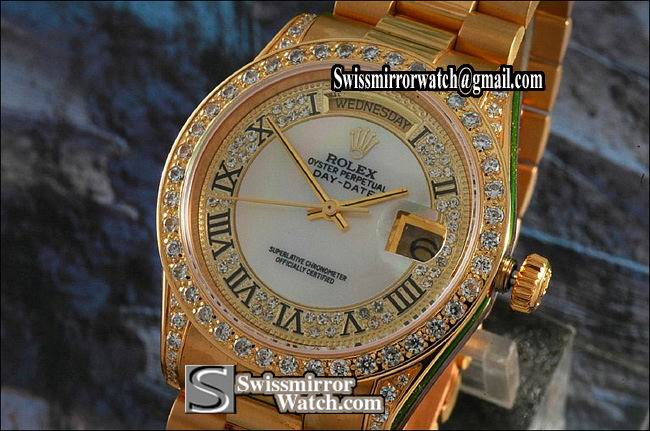 Rolex Day-Date Full Gold Mop/Roman/Diamond Dial Full Diamond Eta 2836-2 Replica Watches