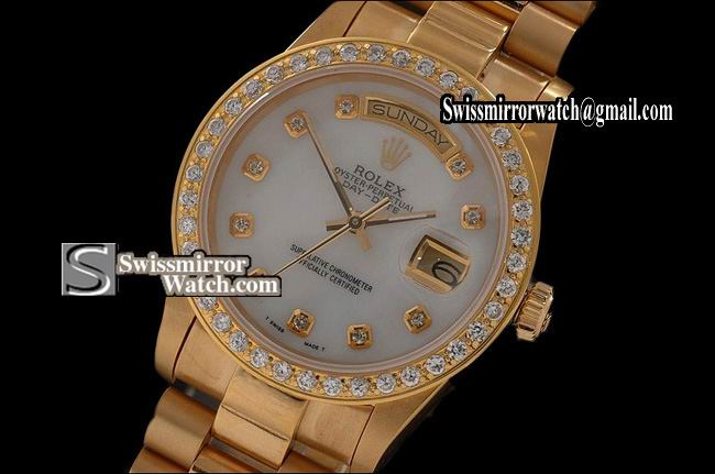 Rolex Day-Date Full Gold MOP White Dial Diamond Bez/Markers Eta 2836-2 Replica Watches