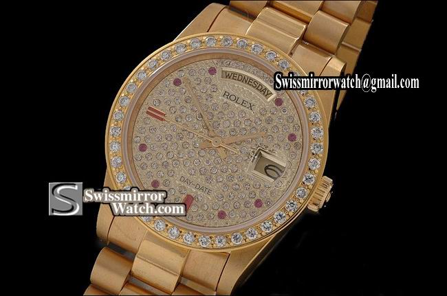 Rolex Day-Date Full Gold Diamond Dial Ruby Stick Markers Eta 2836-2 Replica Watches