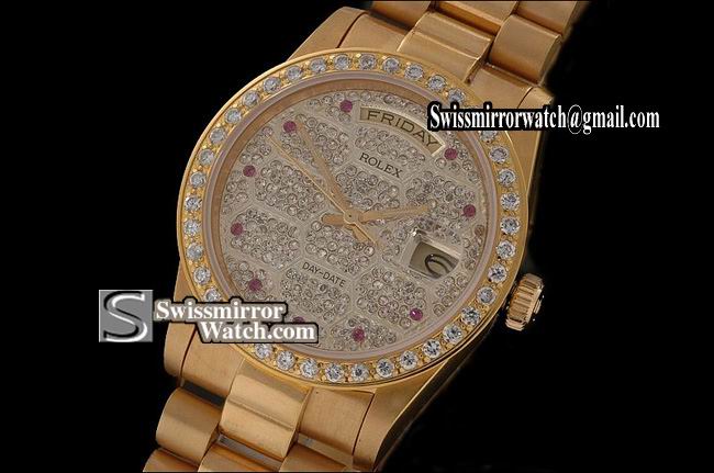 Rolex Day-Date Full Gold Diamond Dial Ruby Markers Eta 2836-2 Replica Watches