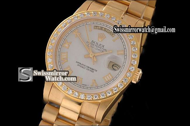 Rolex Day-Date Full Gold White Dial Roman Markers Diam Bez Eta 2836-2 Replica Watches