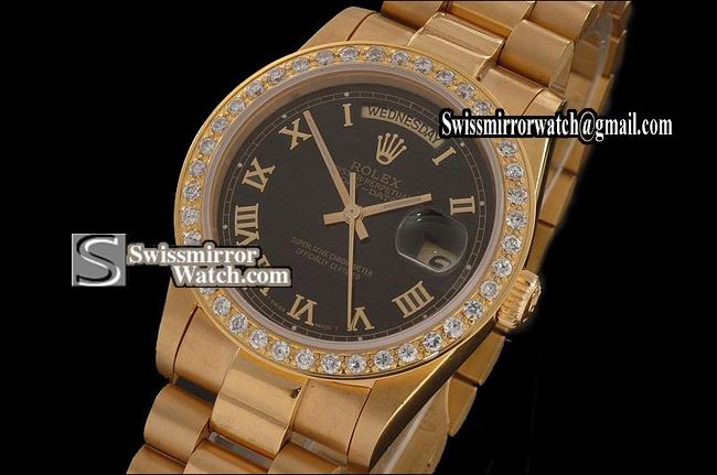 Rolex Day-Date Full Gold Black Dial Roman Markers Diam Bez Eta 2836-2 Replica Watches