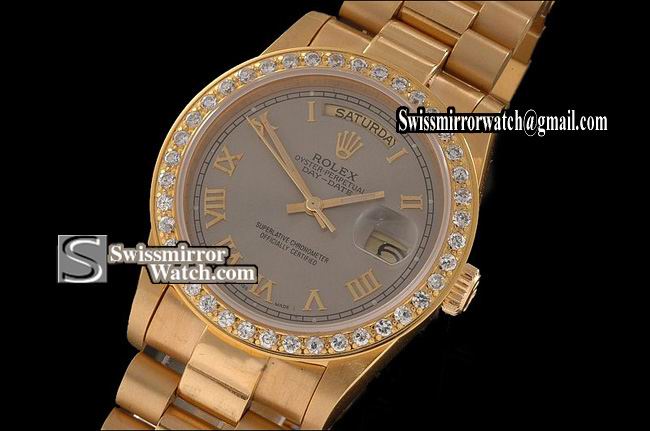 Rolex Day-Date Full Gold Grey Dial Diamond Markers Diam Bez Eta 2836-2 Replica Watches