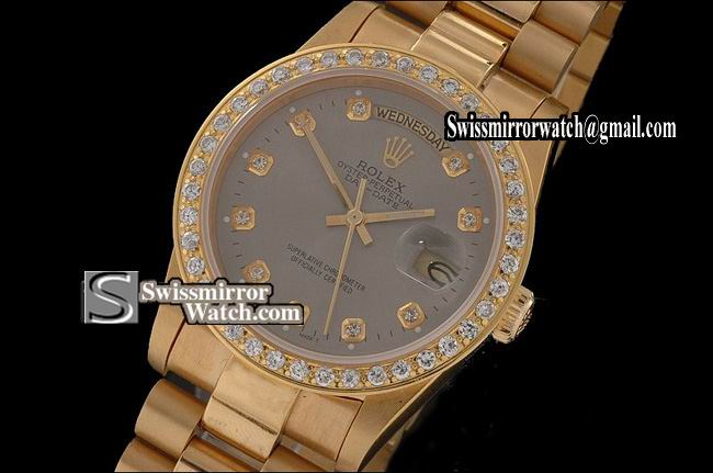 Rolex Day-Date Full Gold Grey Dial Diamond Markers Diam Bez Eta 2836-2 Replica Watches