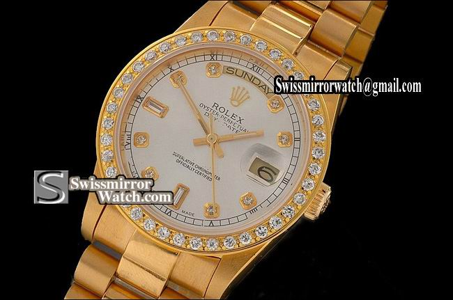 Rolex Day-Date Full Gold Wht Dial Diamond Markers Diam Bez Eta 2836-2 Replica Watches