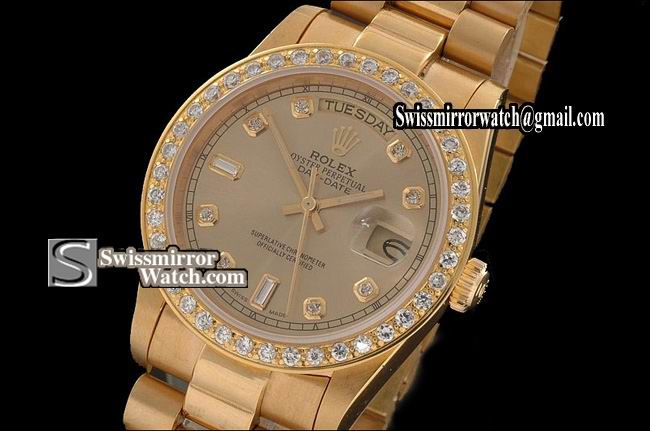 Rolex Day-Date Full Gold Gold Dial Diamond Markers Diam Bez Eta 2836-2 Replica Watches